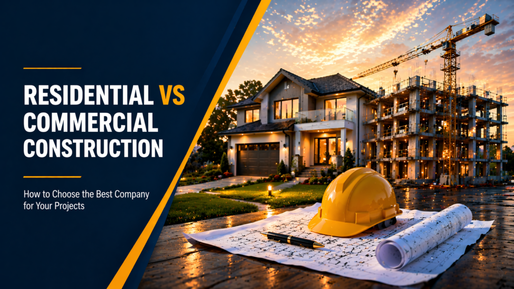 Residential vs commercial construction comparison showing house and commercial building with crane, helmet, and blueprints
